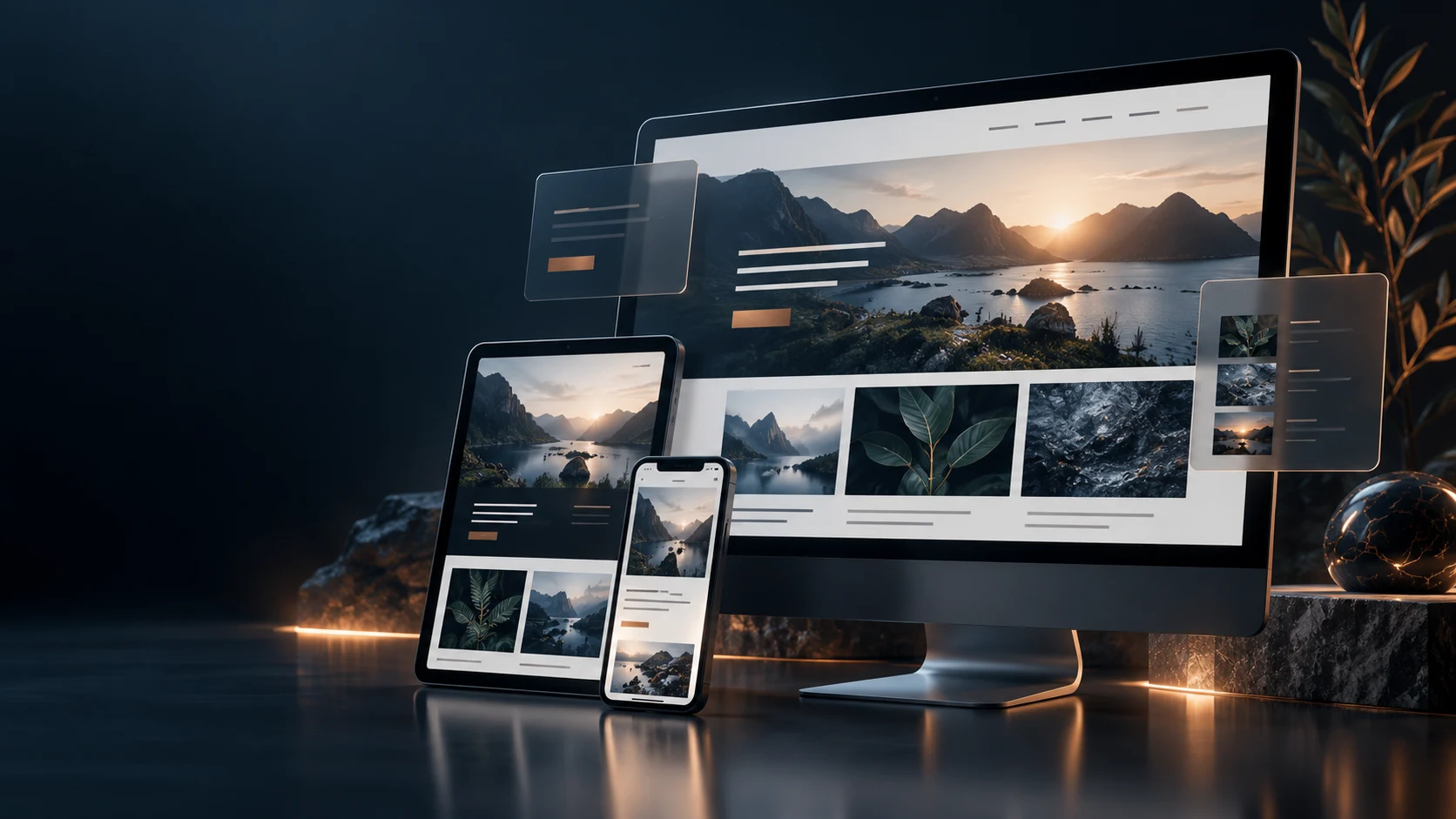 Gestaltungsbeispiel einer responsiven Webseite auf Desktop, Tablet und Smartphone